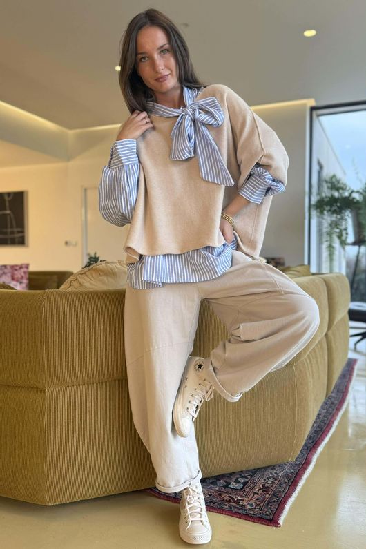 Nantucket Stripe Tie Neck Blouse Light Denim